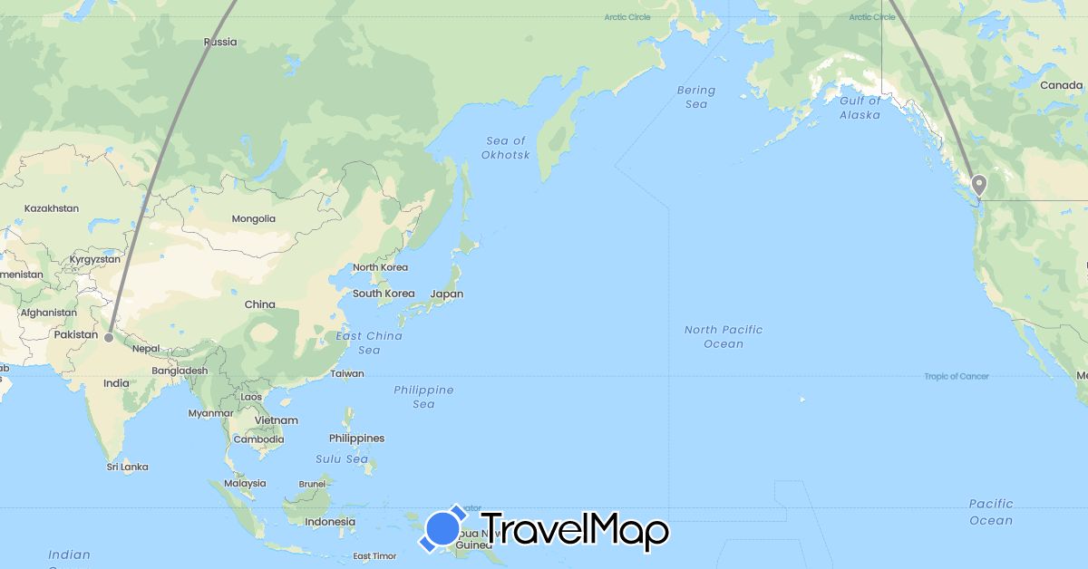 TravelMap itinerary: driving, plane in Canada, India (Asia, North America)